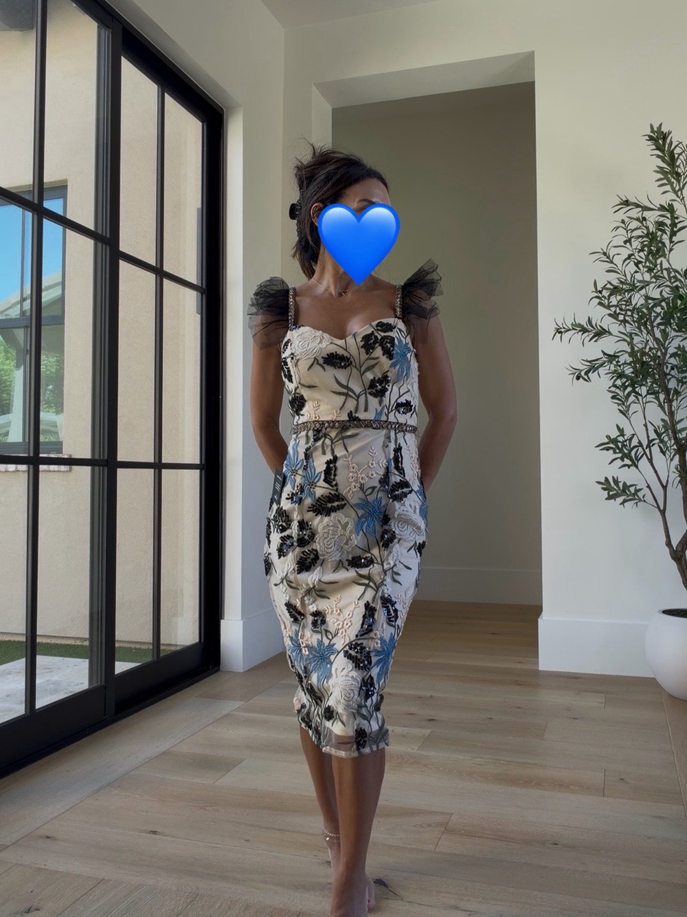 Lulu's Cream Midi Dress with Blue and Black Floral Embroidery navy sequins